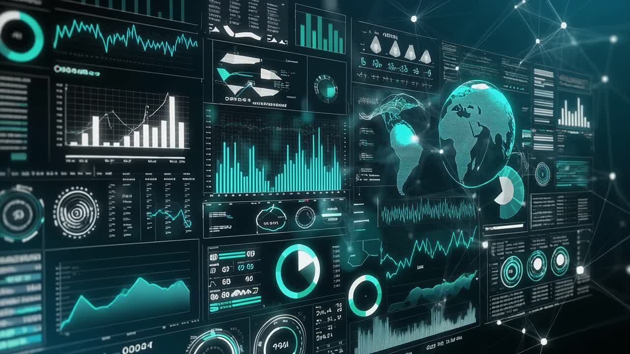 Futuristic Digital Interface Displaying Business Data and Global Network