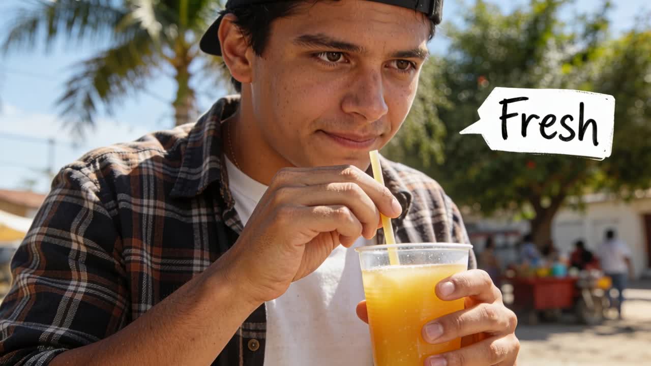 Hombre con gorra hacia atrás y camisa de cuadros, bebiendo de un vaso transparente con un gráfico de "Fresh" para refrescarse del sol en un mercado.