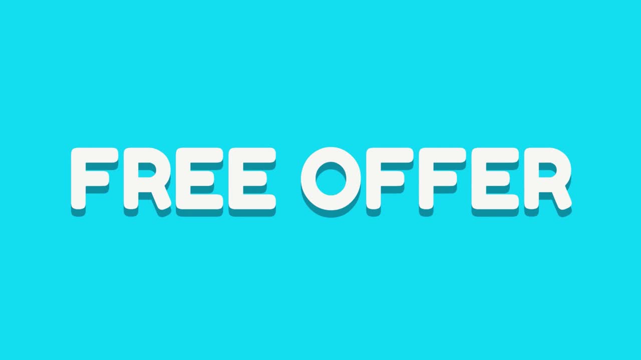 Animazione testuale "Offerta Gratuita" in grassetto su uno sfondo blu vibrante. Grafica animata promozionale accattivante perfetta per annunci, sconti, banner e-commerce, omaggi e campagne di marketing