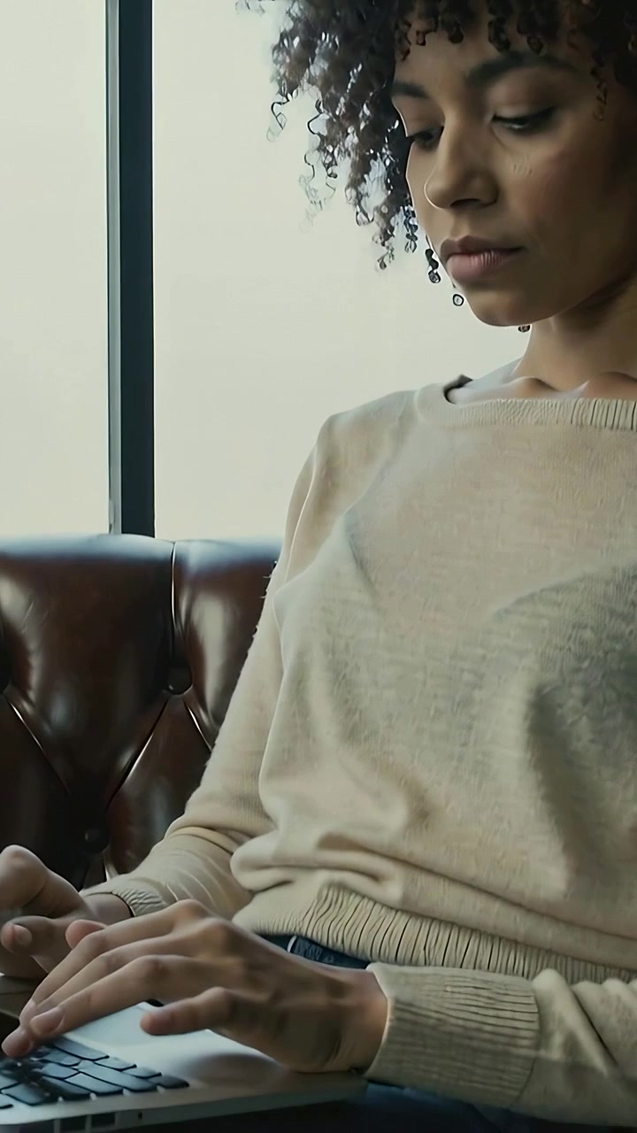 Vertical video: Flipping tablet, she in knit moving laptop on couch, typing for work by grid window
