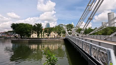 pedestrian bridge over a calm city river.