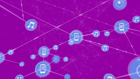 animación de la red de conexiones con iconos en fondo púrpura
