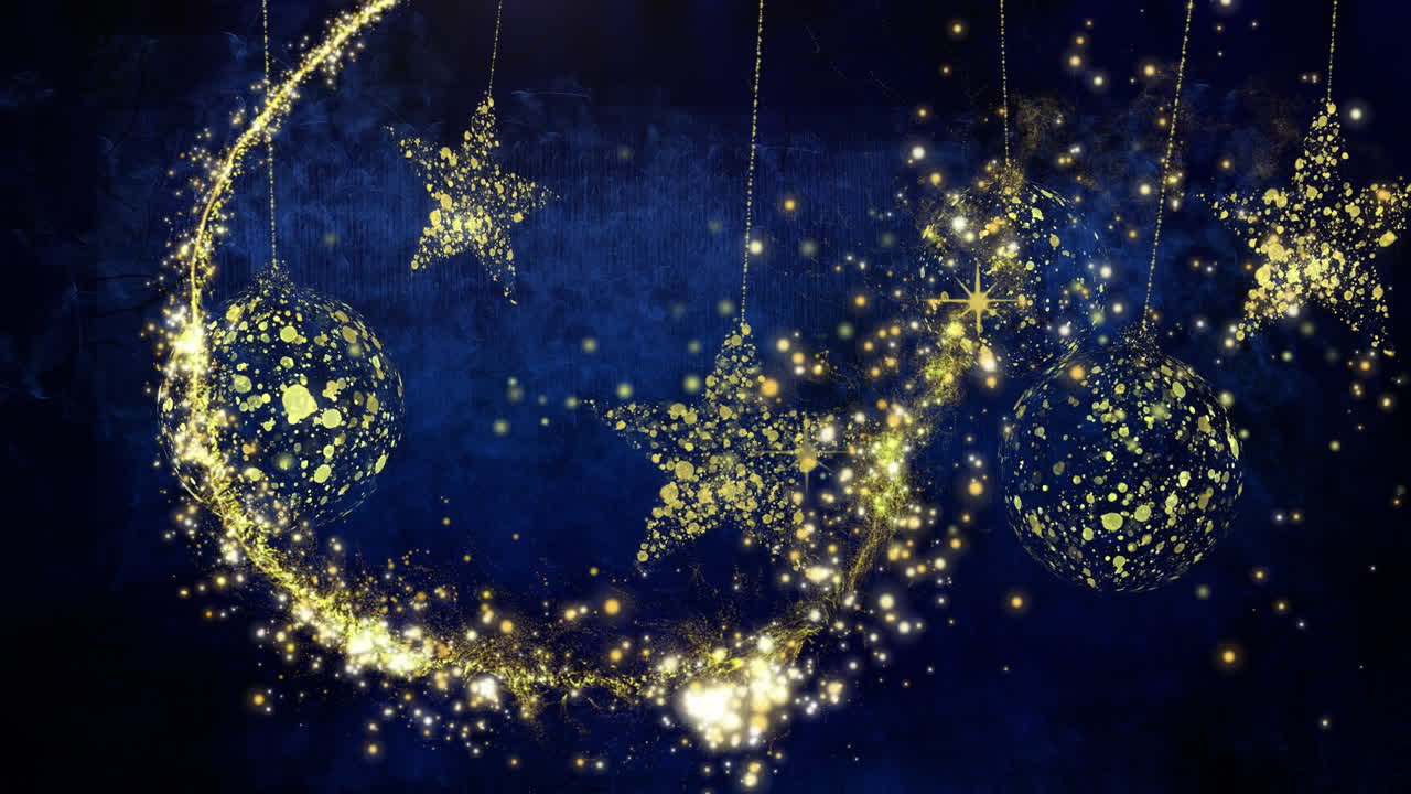 검은색과 파란색 바탕에 황금색 별과 바블 위에 떨어지는 별의 애니메이션.