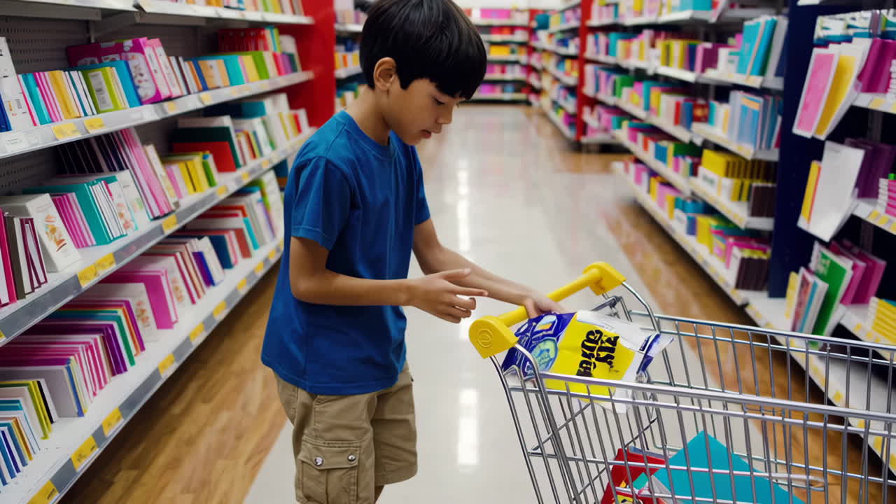 Young boy puts items into a shopping cart in a store aisle