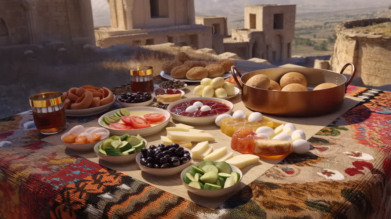 A Traditional Breakfast Spread in a Historic Outdoor Setting