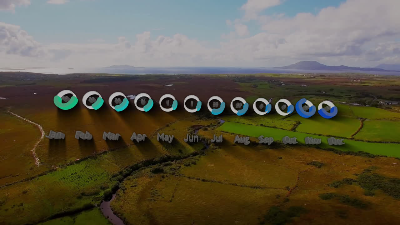 animación de gráficos estadísticos mensuales sobre cañones y montañas