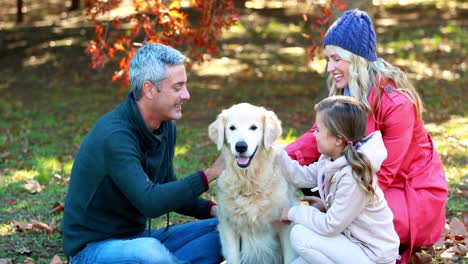 family sitting in the park with their dog