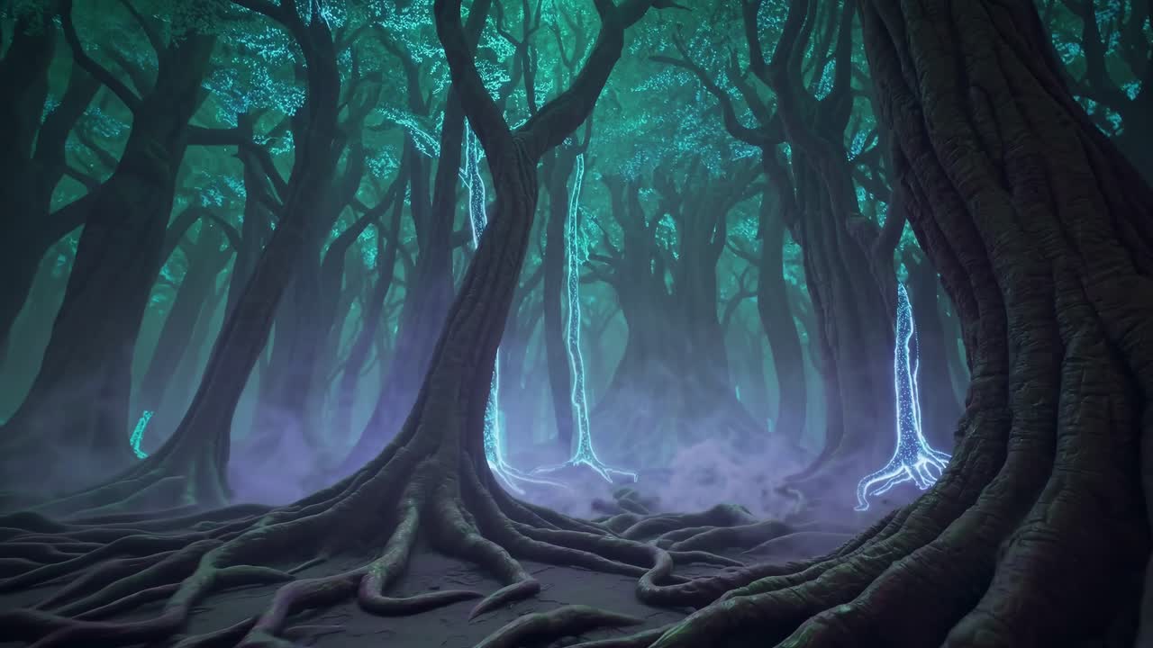 Enchanted forest scene with mist and trees emitting a mystical blue glow creating a surreal atmosphere