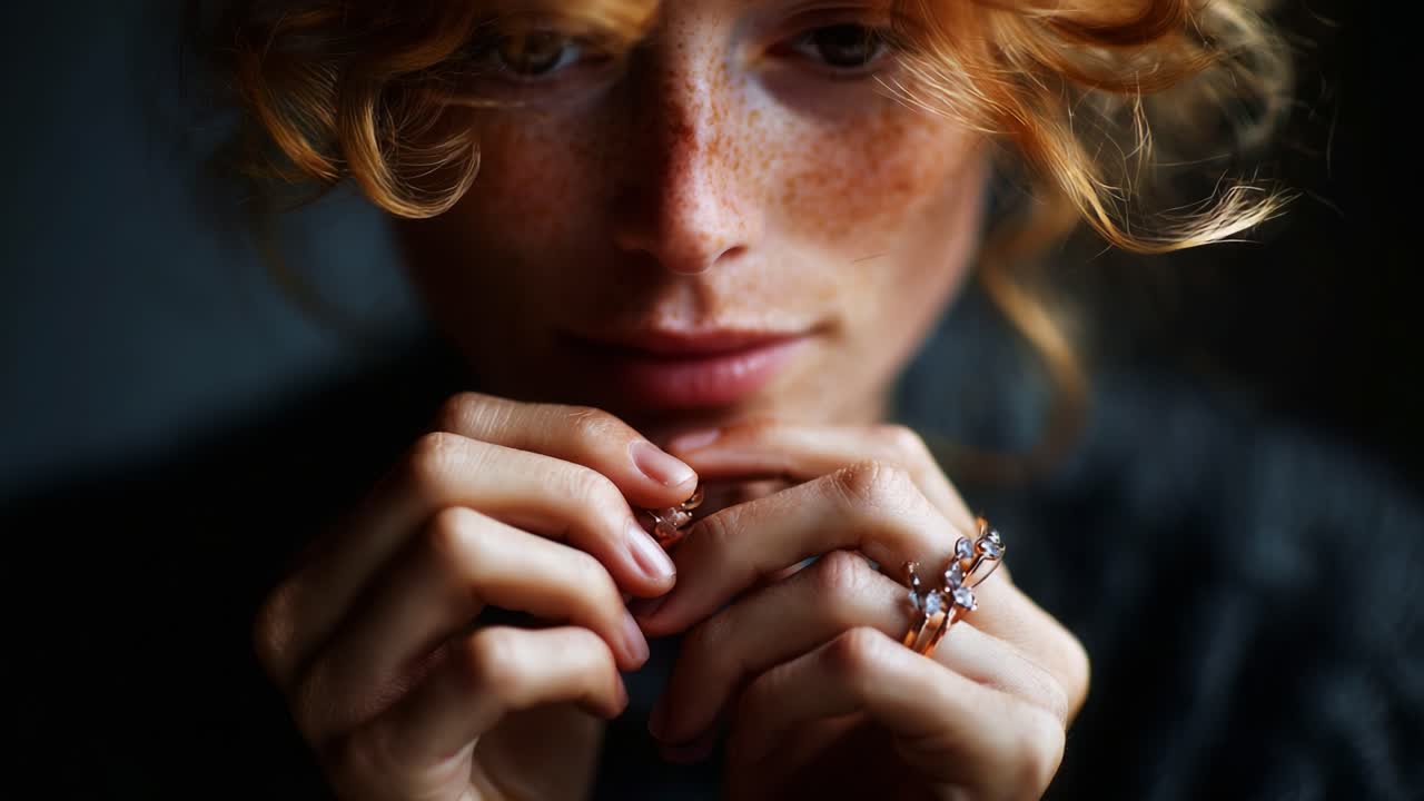 A Close-Up Portrait of a Pensive Woman with Freckles and Curly Hair, Gently Holding Jewelry in Her Hands, Capturing an Intimate Moment of Reflection and Elegance