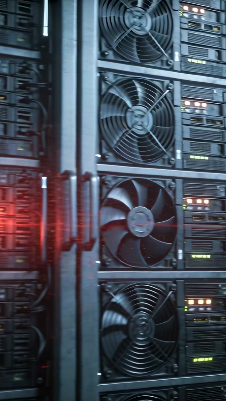 Vertical video: Cam panning datacenter rack, laser sweeping drives, fans, LEDs blinking for check