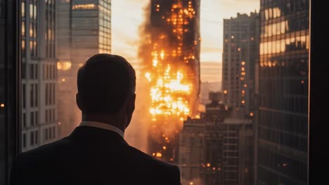man watching a city building on fire from high above