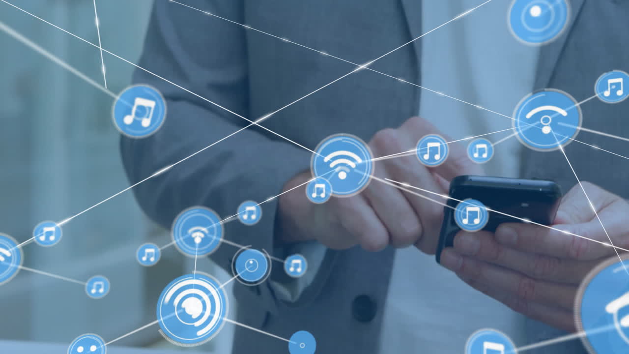 Using smartphone, person interacting with digital music and connectivity animation