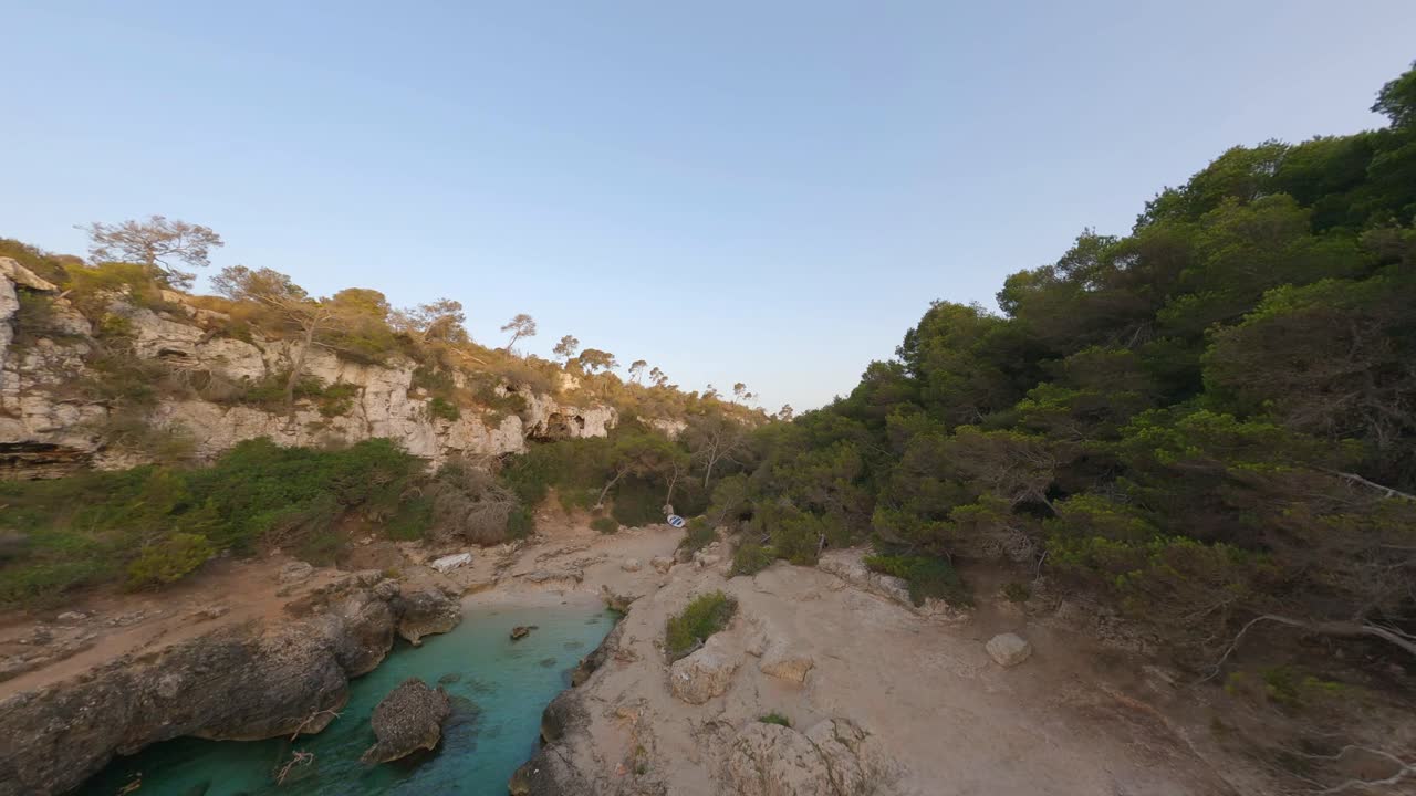 Lavtflyvende FPV-droneflyvning op gennem en skovklædt klippekløft.