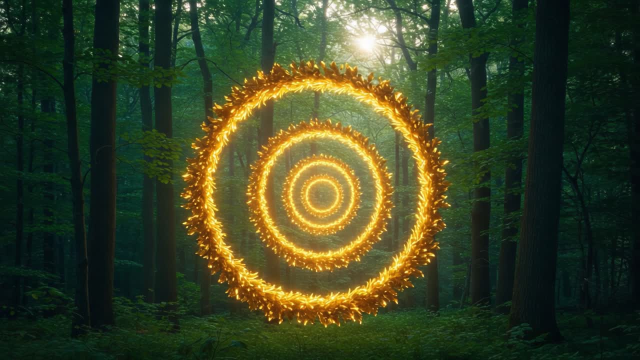 An Enchanting Radiance: Illuminated Golden Spirals Emerge from a Lush Forest, Creating a Mystical Atmosphere of Wonder and Serenity