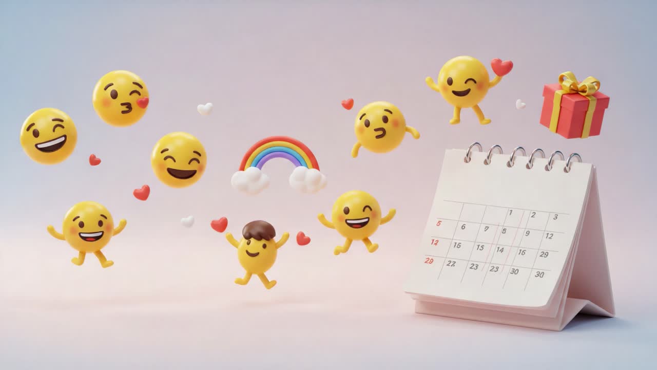 A Celebration of Joy: Colorful Emojis and a Calendar Depicting Happiness, Love, and Festivity with Gifts and Rainbows
