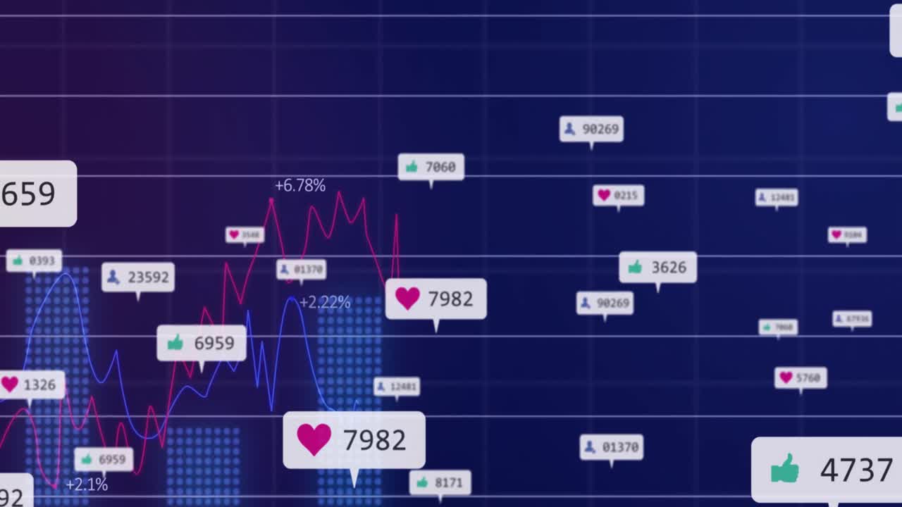 animación de iconos de redes sociales y procesamiento de datos estadísticos a través de la red de cuadrícula sobre fondo azul