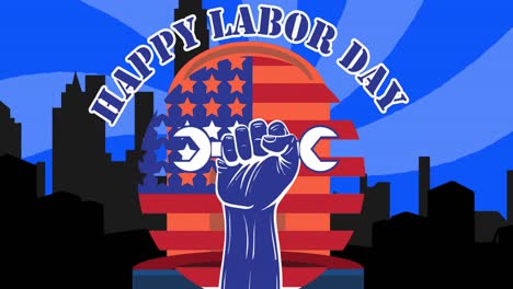 animation of happy labor day text over cityscape