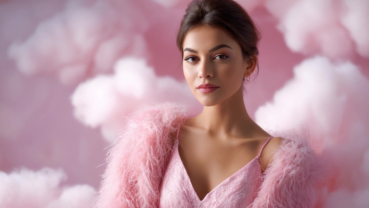 Elegant Portrait of a Young Woman in a Fashionable Pink Outfit Surrounded by Soft, Fluffy Pink Background Elements and a Dreamy Atmosphere