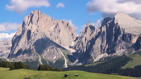 some footage shot from alpe di siusi showing sassopiatto and sassolungo, beautiful peaks in dolomites