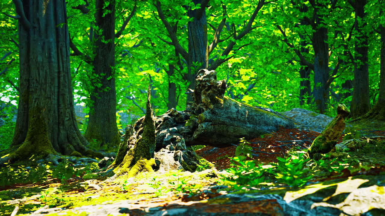 아름다운 밝은 녹색 모스가 자라서 거친 돌을  ⁇ 고 있습니다.