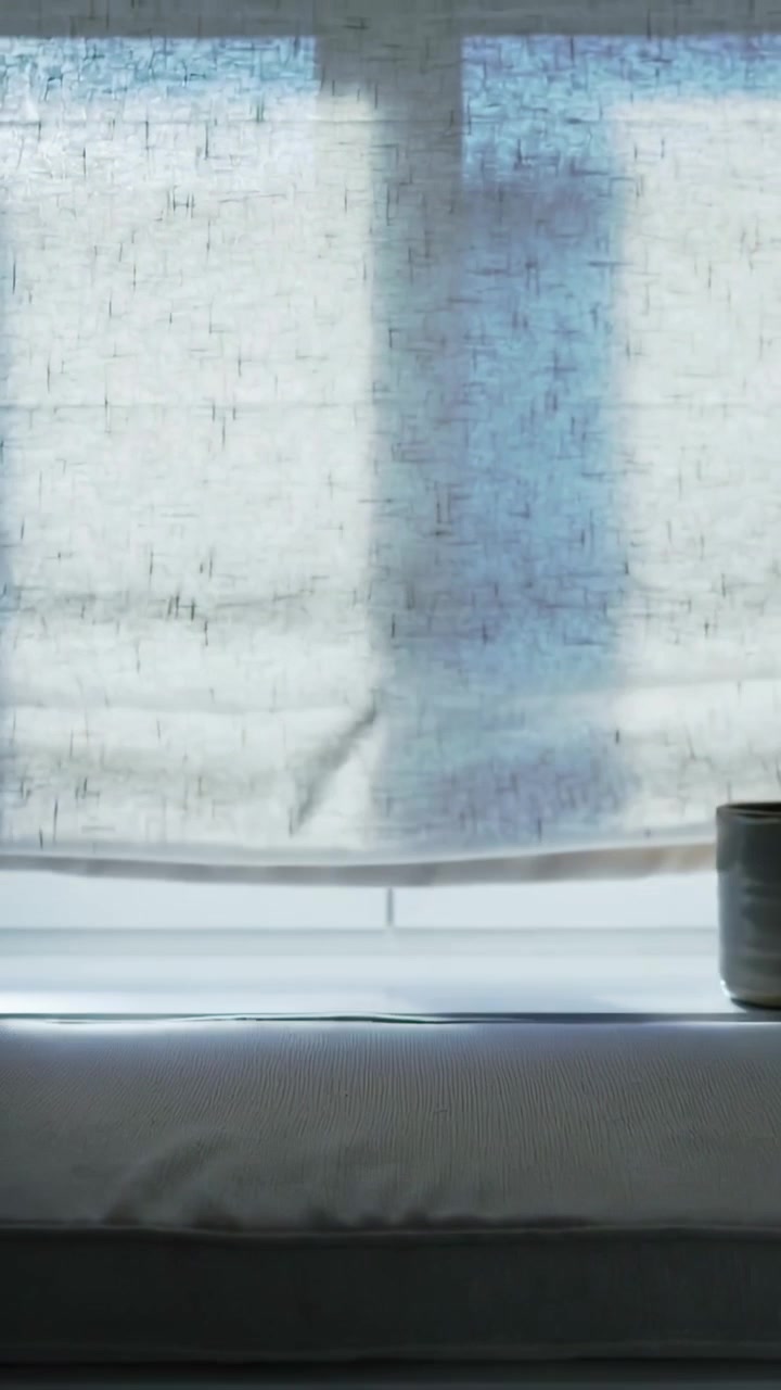 Vertical video: Lowering white double window roman blind folding down at home bench, cup on sill