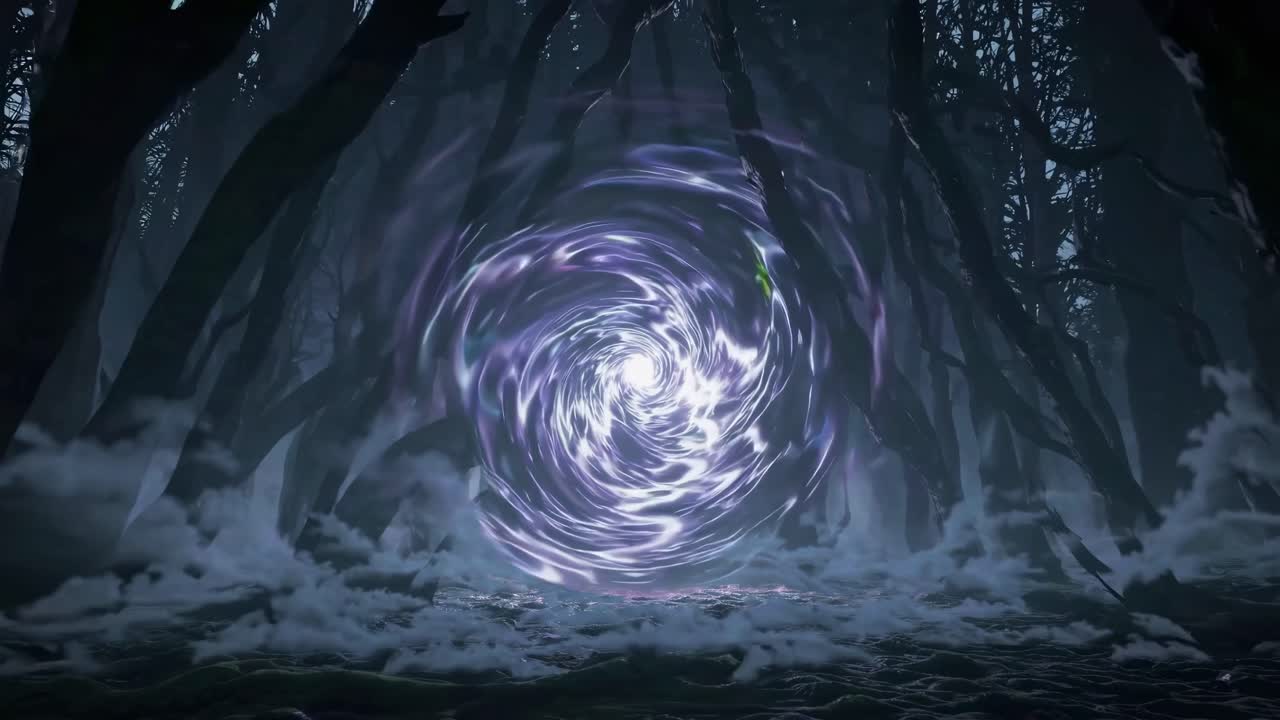 A mystical forest scene with a swirling portal at eye level. The video captures a magical, eerie
