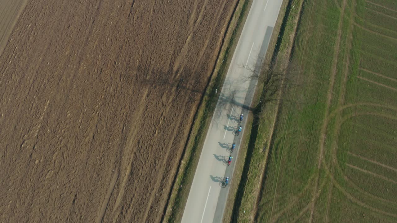 햇빛 아래 들판을 따라 도로에서 자전거를 타는 사람들