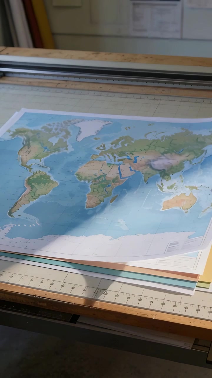 Video verticale: operatore che solleva l'angolo della pellicola da una mappa del mondo su un banco da lavoro, rivelando la mappa