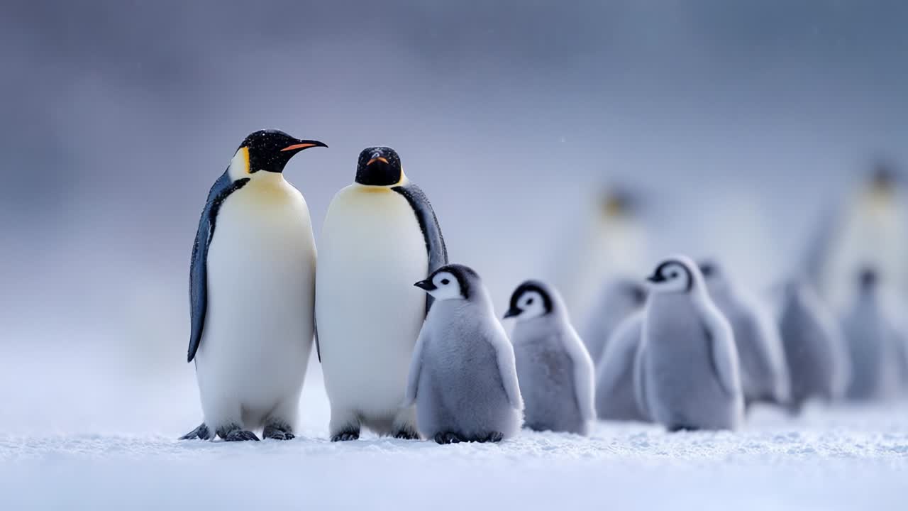 Captivating Portrait of Emperor Penguins and Their Adorable Chicks in a Snowy Landscape: An Endearing Display of Family Bonding Amidst the Icy Wilderness of the Arctic Region