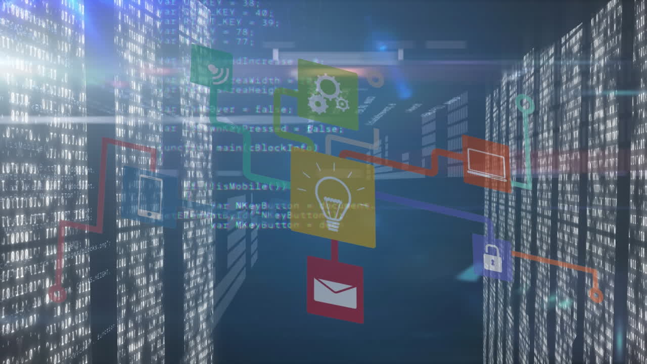 Animation of light beams on diagram with icons, data processing on digital interface