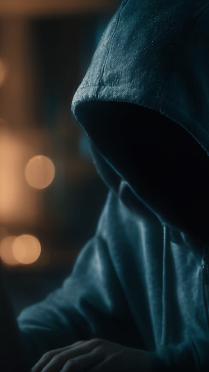 Una figura misteriosa con una felpa con cappuccio, avvolta da umidità e penombra, in una scena accattivante di intrigo e suspense.