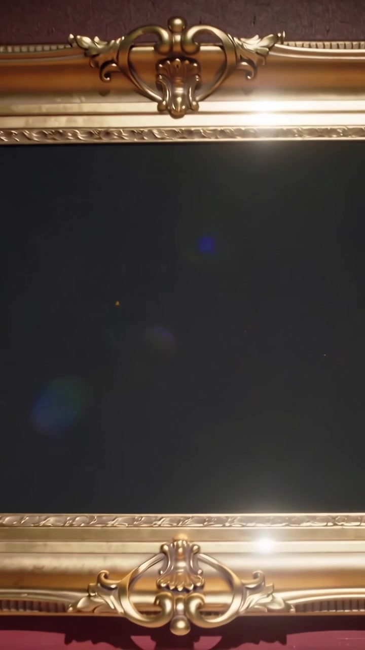 Video verticale: Telecamera che si allontana, rivelando una cornice dorata su una parete per esporre un pannello scuro e degli stemmi.