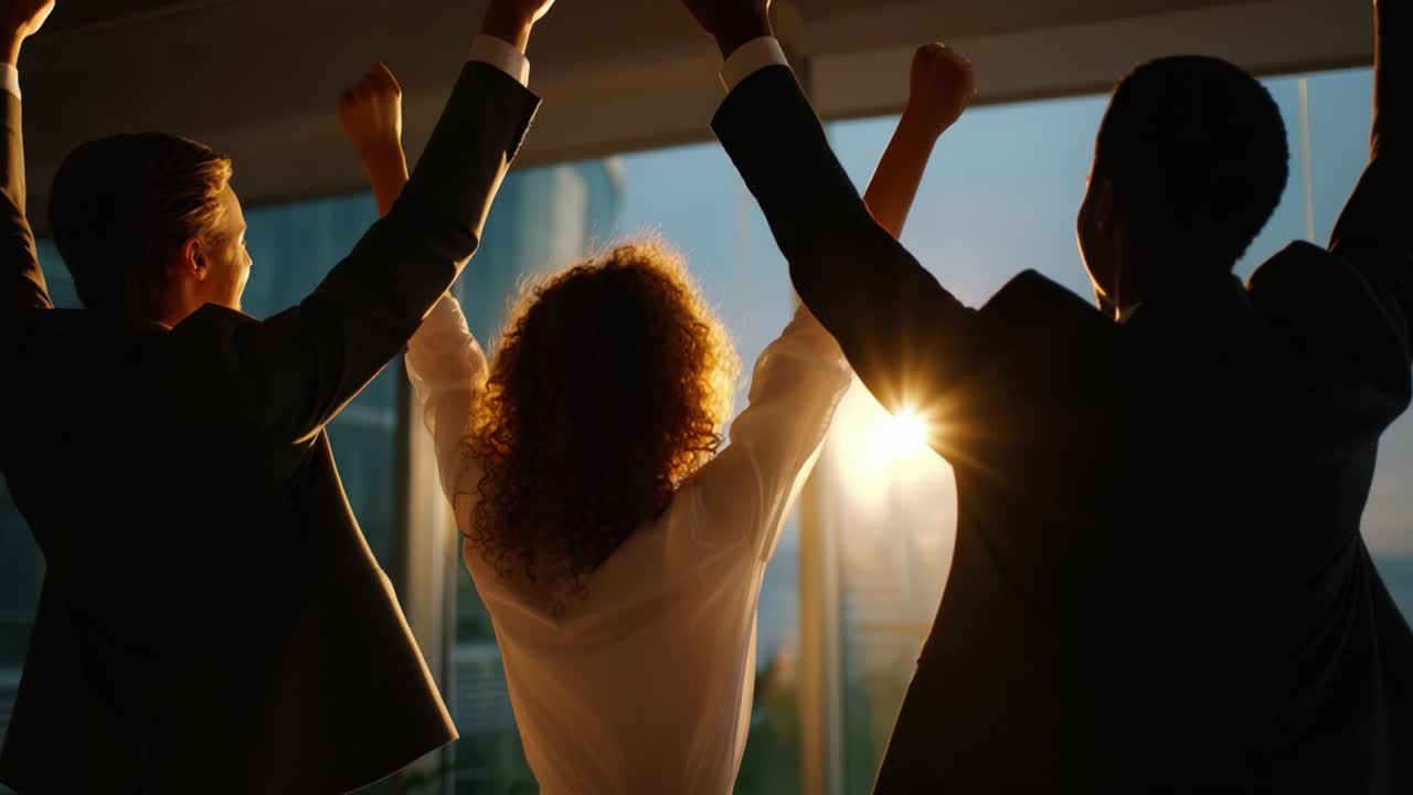 Triumphant Moment: Three Friends Celebrating Success Against a Backdrop of Sunrise through Glass Windows, Expressing Joy and Unity with Raised Fists, Symbolizing Achievement and New Beginnings