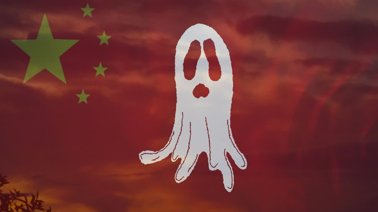 Ghost animation over Chinese flag with dramatic red sky in background