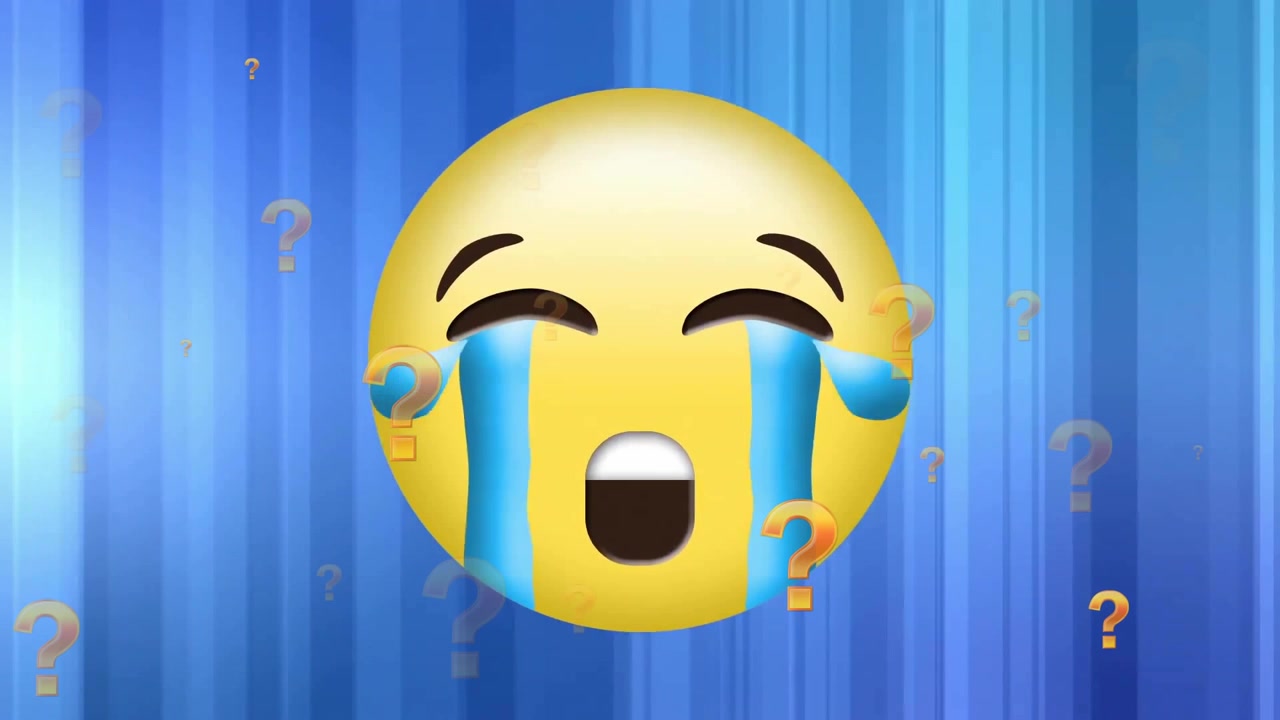Animation of crying emoji icons and question marks on blue background
