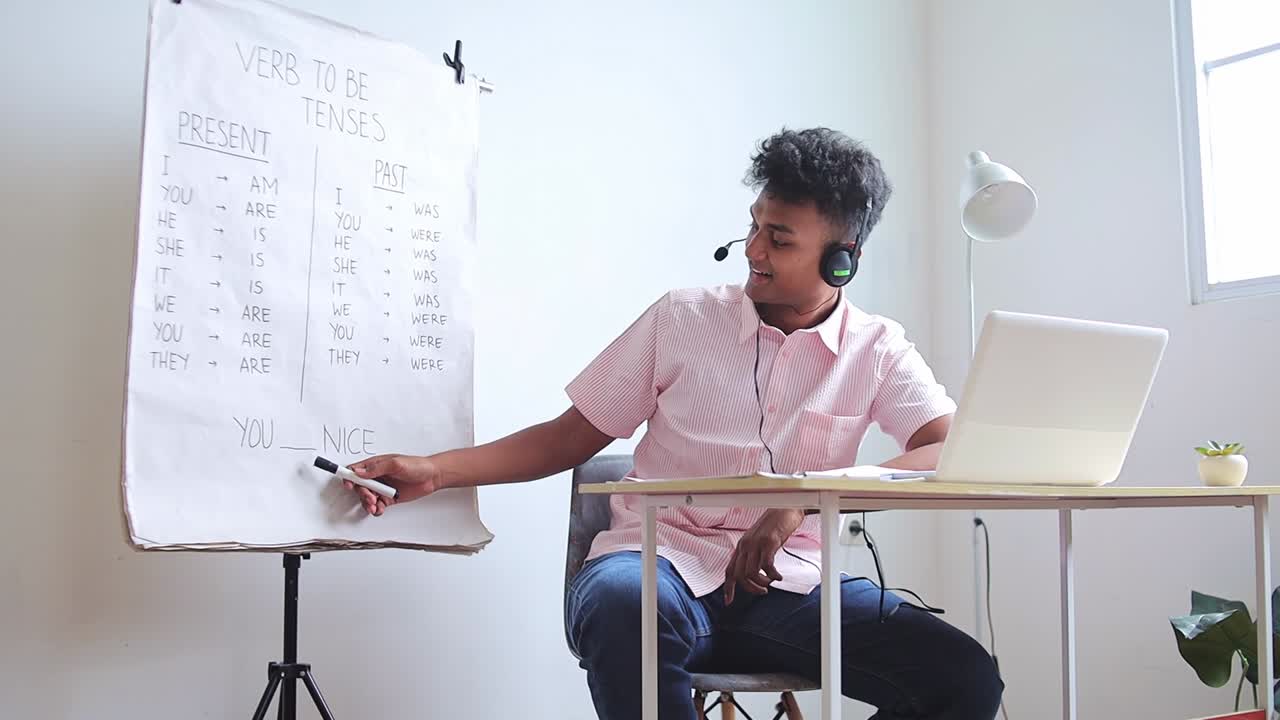 Engaged young teacher leading online English lesson on verb conjugations for remote students