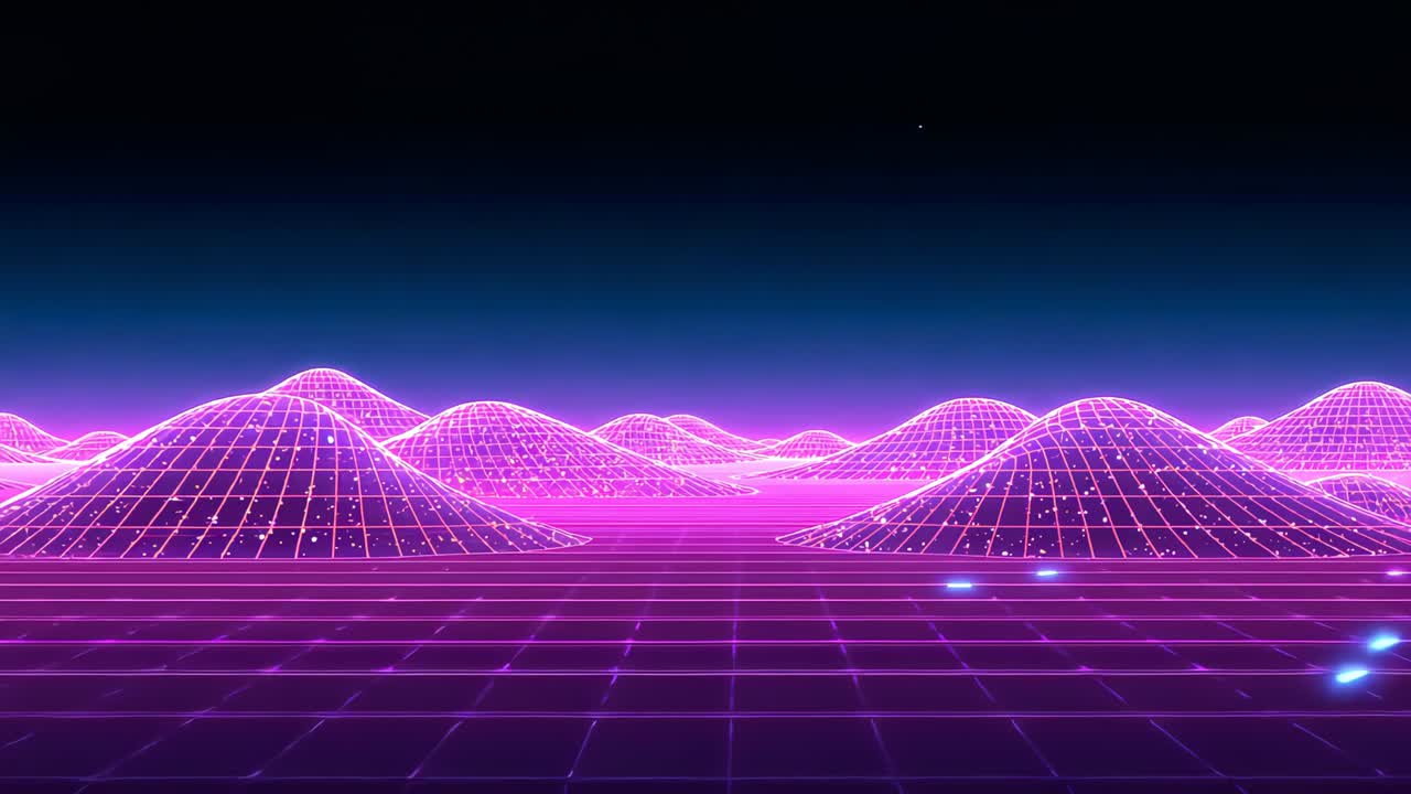 Moving neon wireframe plain crossing synth grid, glowing hills sparking, blue streaks appearing