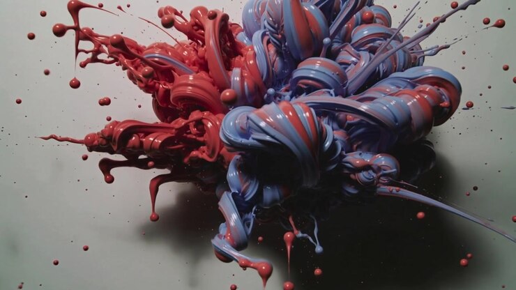 Flusso rosso che gocciola e colpisce una spirale blu di vernice su una tavola grigia, creando filamenti intrecciati per lo studio.