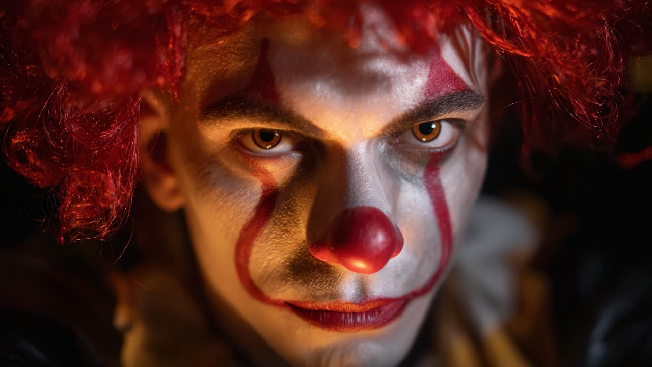 A Highly Detailed Portrait of a Clown with Bold Red Wig and Face Paint, Capturing the Intensity of the Character Through Dramatic Lighting and Expressions