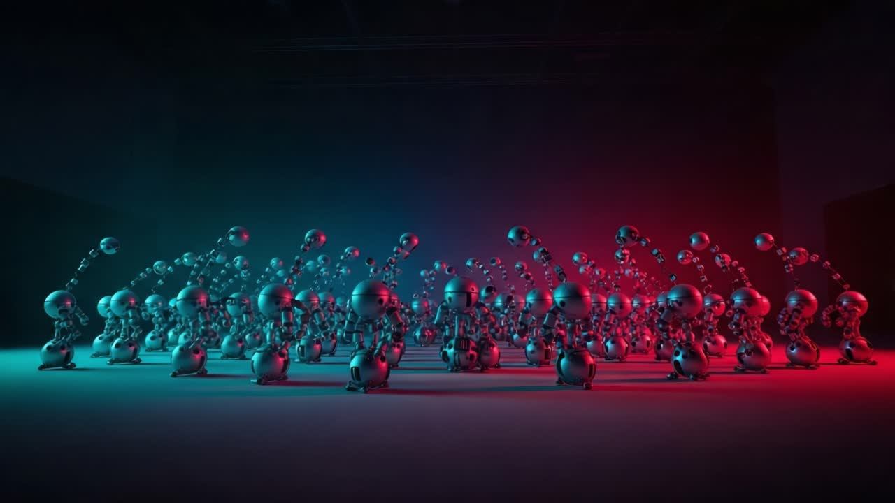 A Vibrant Dance of Metallic Robots: In a striking blend of blue and red light, animated robots perform a captivating synchronized movement on a dynamic stage in this eye-catching digital animation.