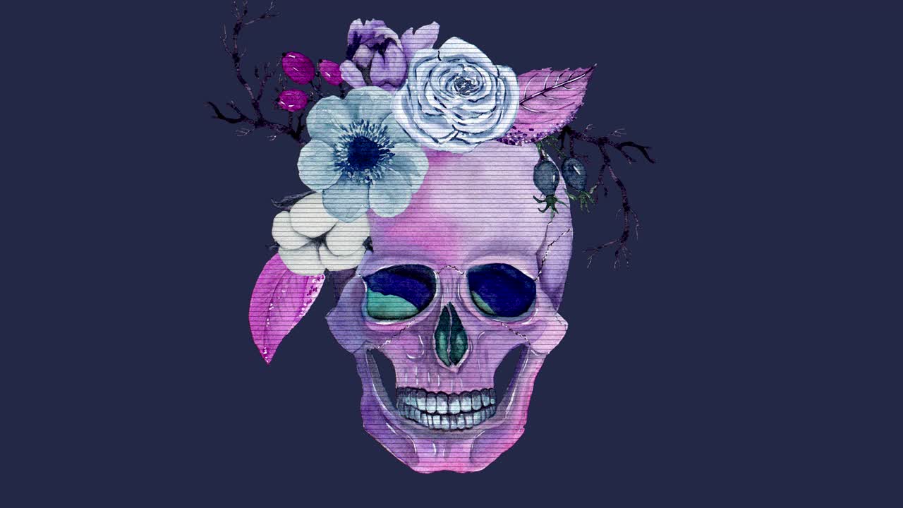 хэллоуинская анимация с акварельным черепом, цветами, декоративным декором в винтажном стиле бохо. анимация бесшовной петли.