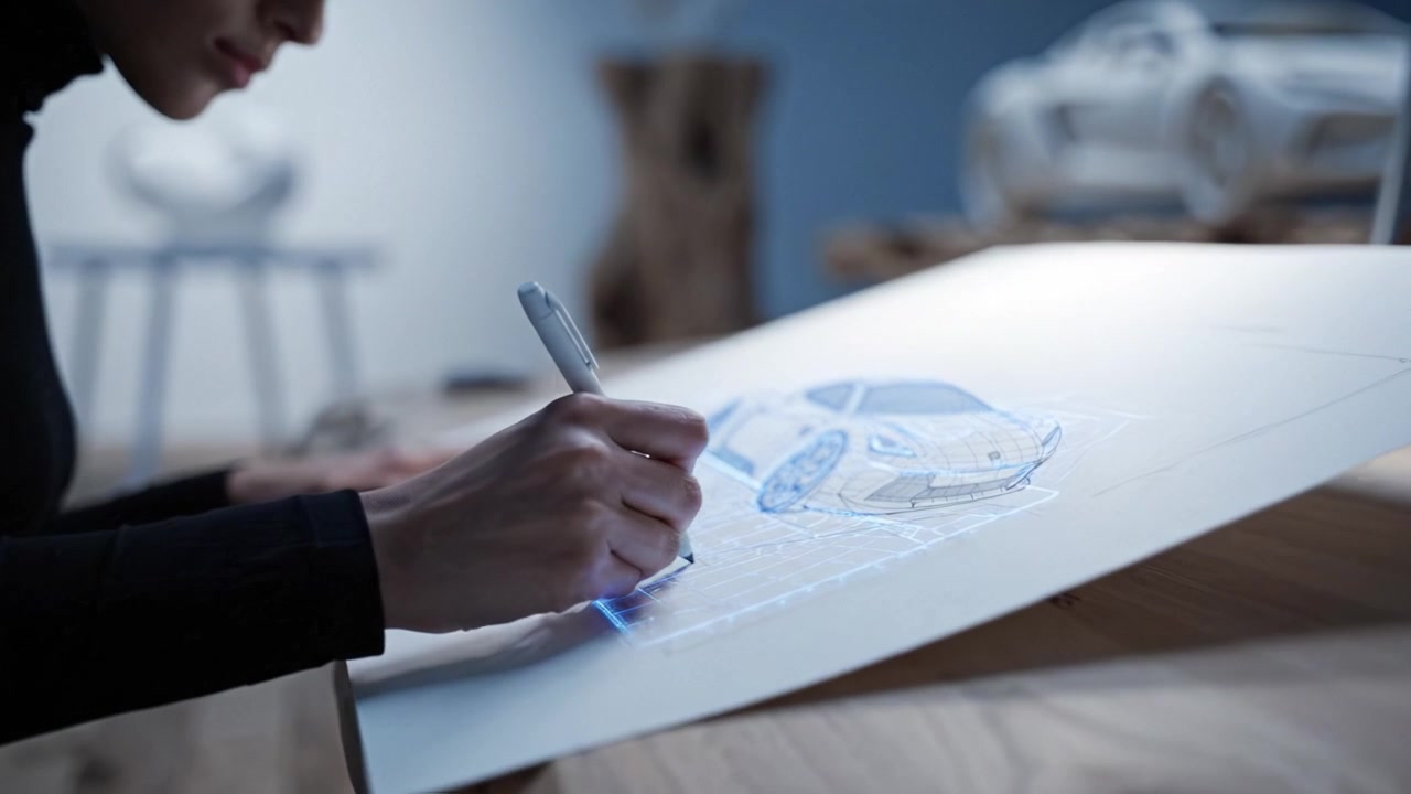 En designkunstner fordybet i kreativ proces: skitserer et slankt bilkoncept på papir, under blød belysning, med en skulpturel model i baggrunden.