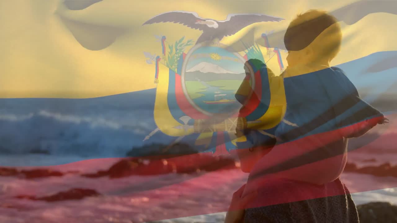 animación de la bandera de ecuador sobre una madre caucásica con un niño en la playa