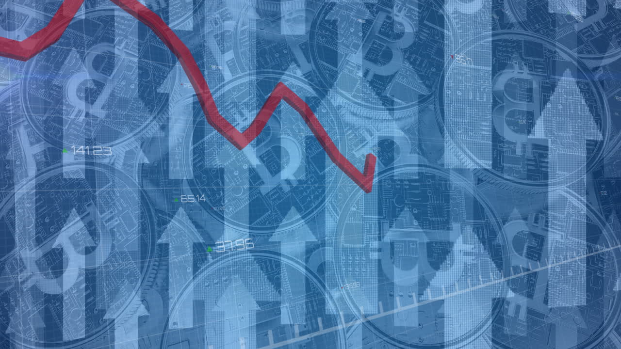 animación del procesamiento de datos financieros con líneas rojas y flechas que apuntan hacia arriba sobre los bitcoins