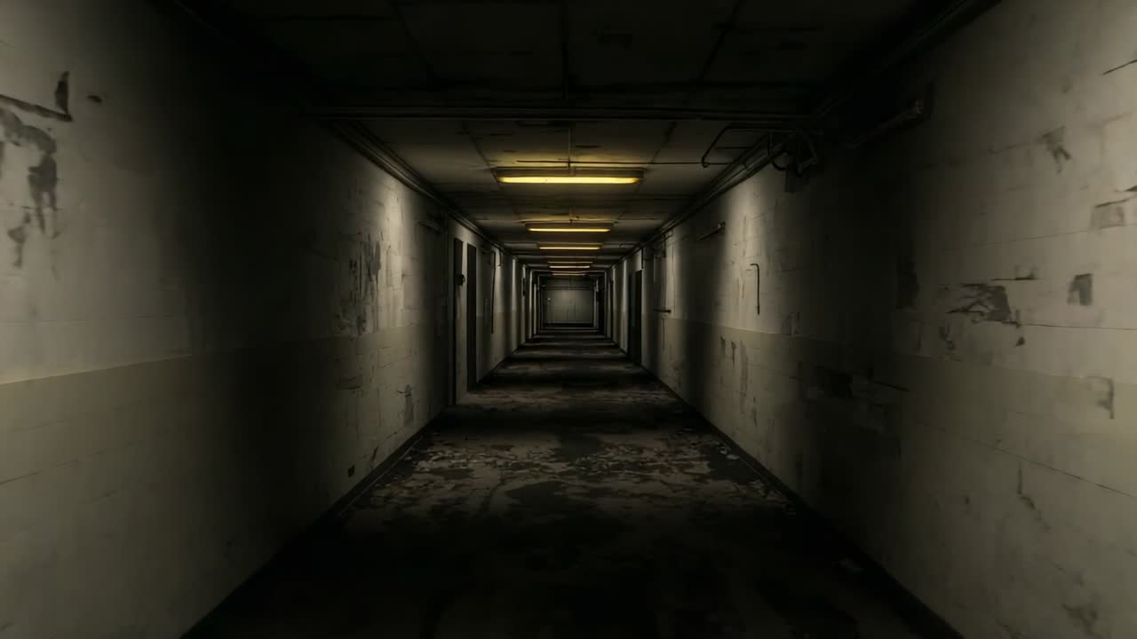 Starting under fluorescent light, camera moving down corridor with metal door frames, peeling walls