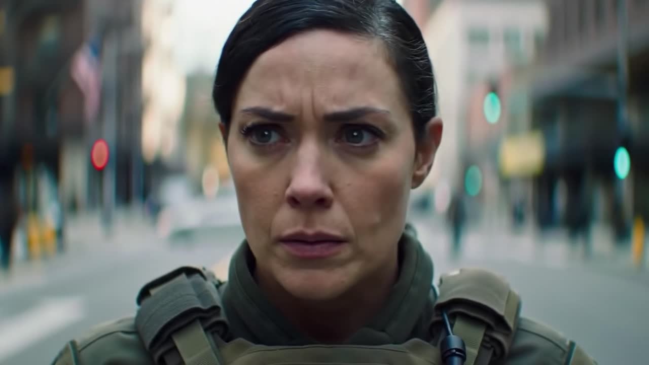 A soldier stands in the middle of an empty city street, showcasing determination and focus amid the dawn light. The setting highlights the tension and uncertainty surrounding her mission.