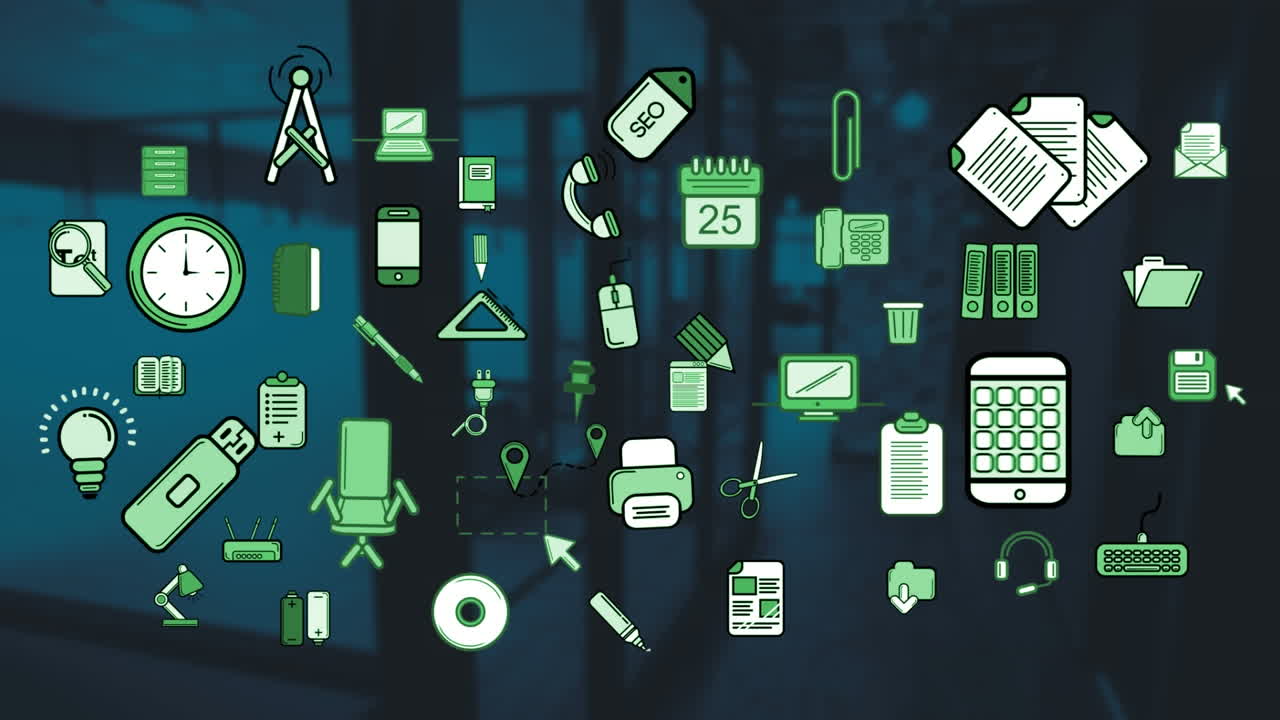 animación de iconos de negocios que se mueven sobre la oficina vacía
