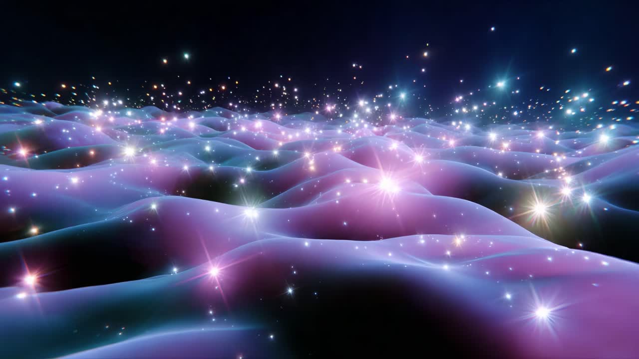 A Captivating Display of Mystical Waves and Luminescent Particles: An Ethereal Representation of a Star-Studded Night Sky Across a Vibrant Ocean of Colorful Light and Textured Surfaces