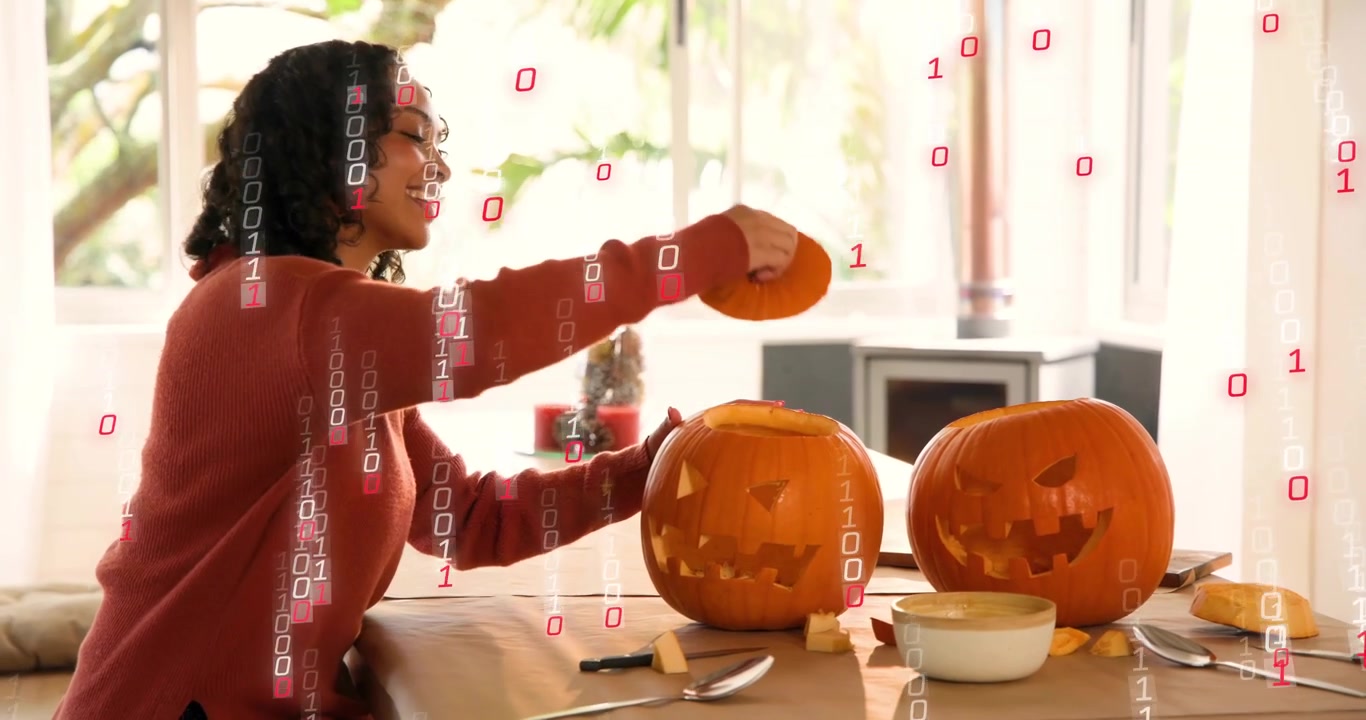 Donna che posiziona una zucca, intaglia una faccia e rimuove i semi, preparando una decorazione di Halloween.