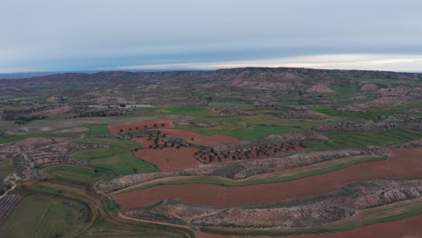 Luftaufnahme-Der-Felder-In-Alcaniz,-Spanien,-Olivenbäume,-Bewölkter-Tag